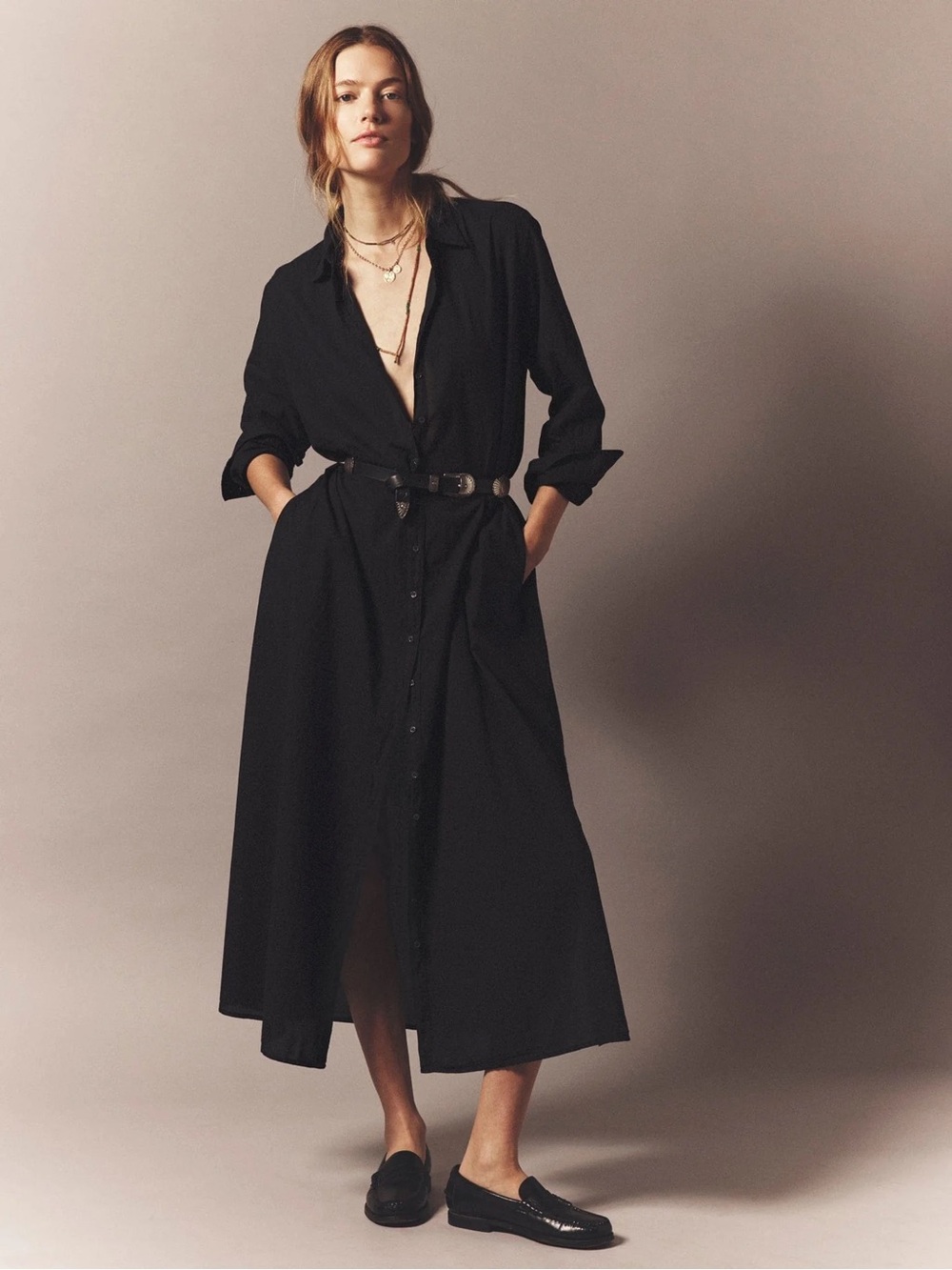 XiRENA Boden Black Long Sleeve Maxi Shirt Dress xs